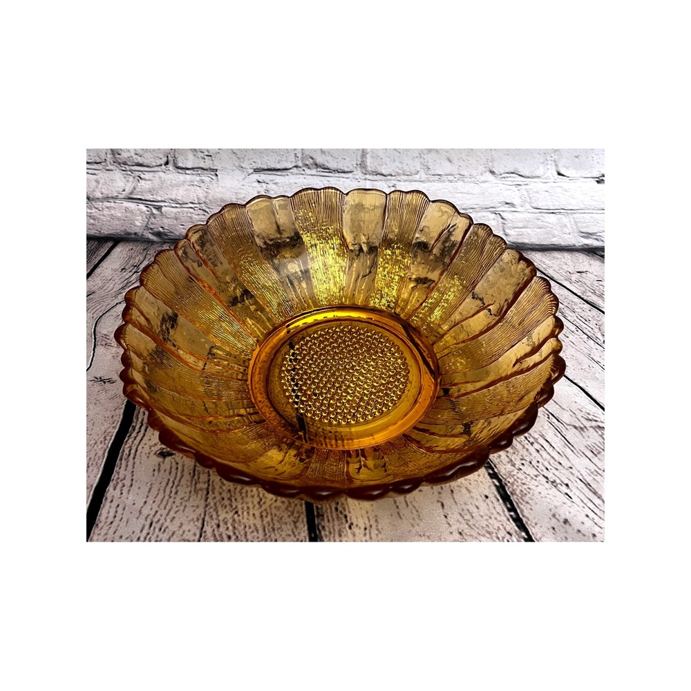 Anchor Hocking Sunflower Glass‎ Large 10 inch Bowl Honey Amber Vintage 1970s